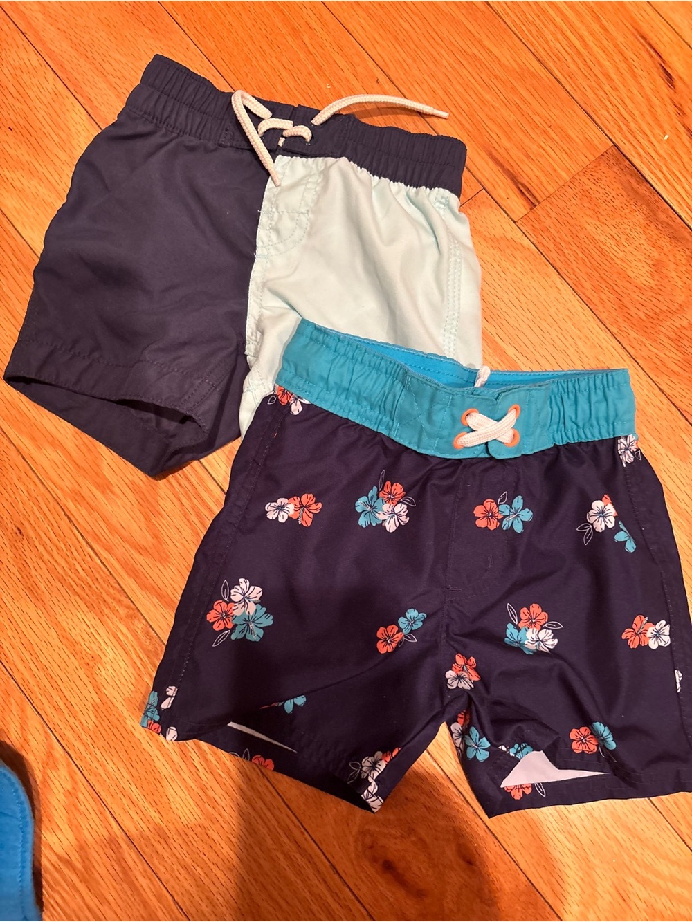 Kids Navy Floral Swim Shorts with Teal Waistband